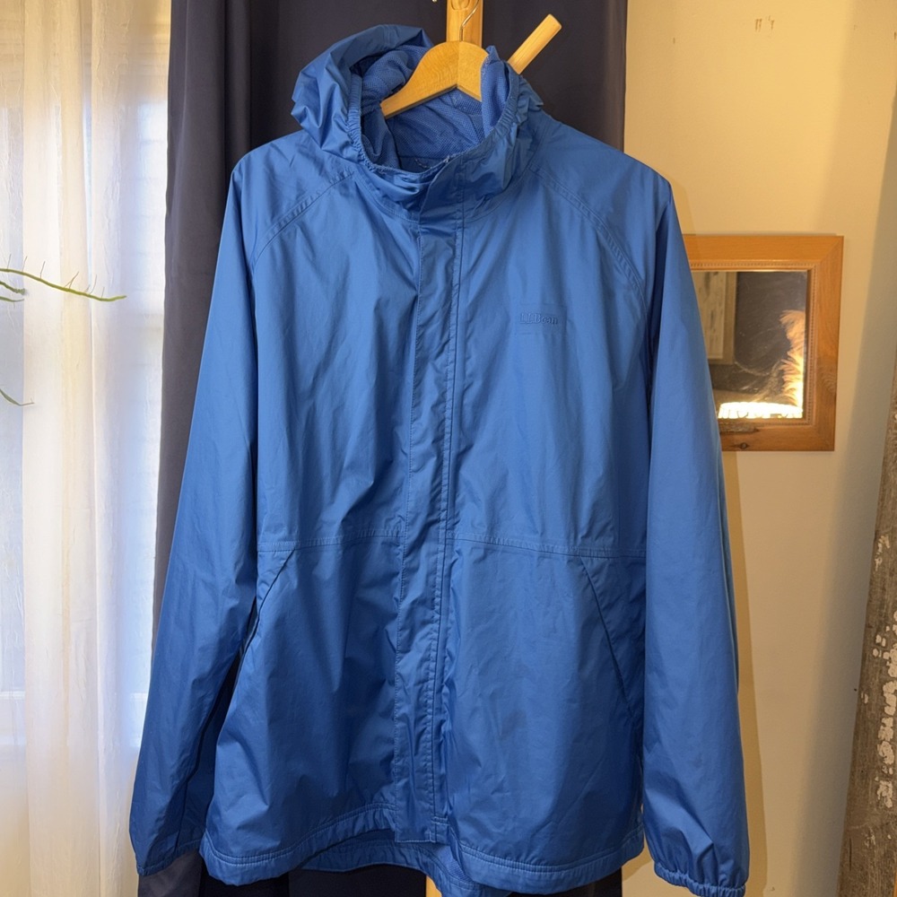 LL Bean Jacket Mens 2XL Blue Nylon Packable Hooded Full Zip Windbreaker